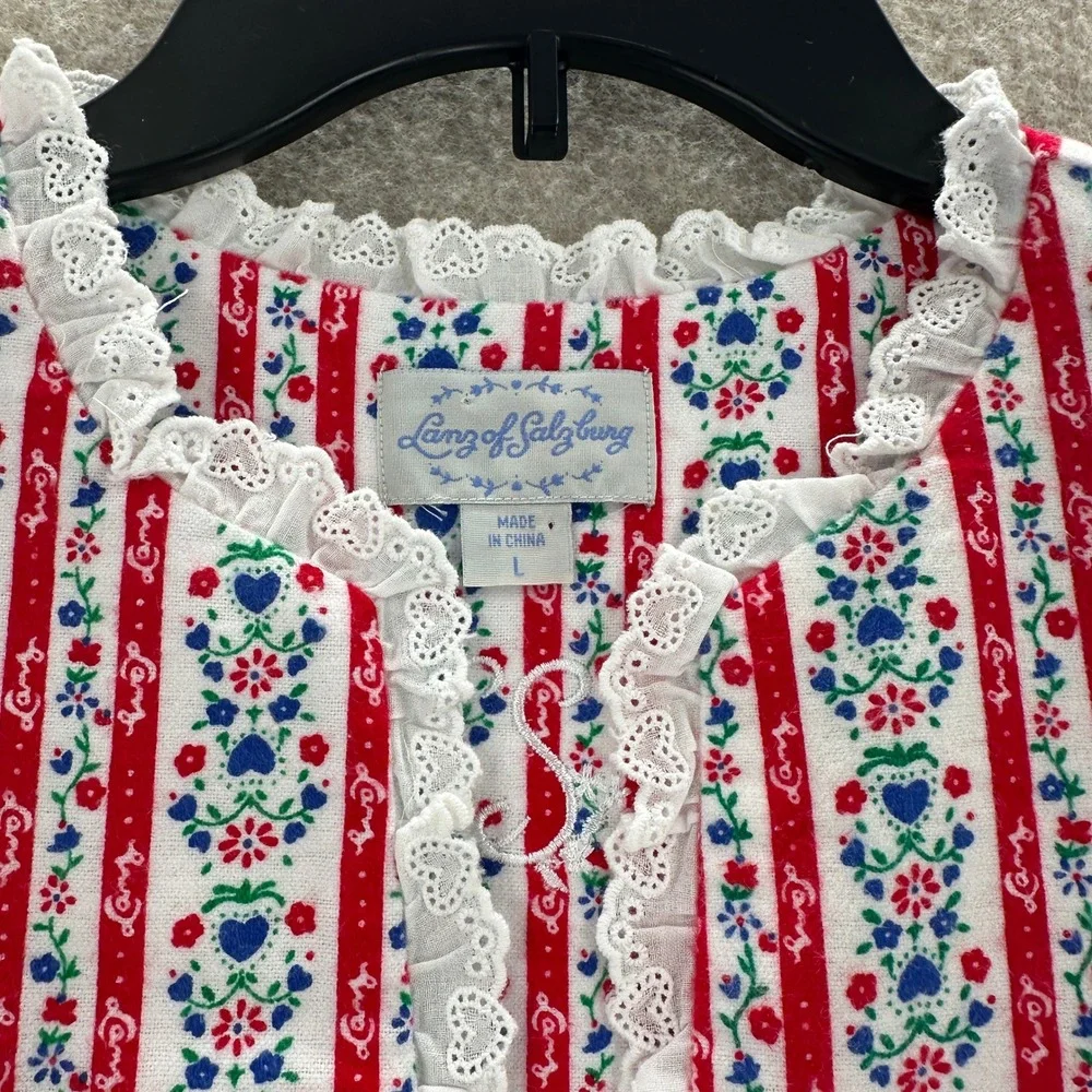 Lanz of Salzburg Flannel Nightgown Red White Floral Stripe Heart Lace Womens‎ L